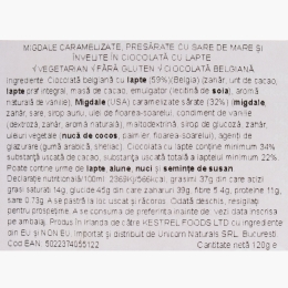Migdale caramelizate, cu sare de mare, în ciocolată belgiană cu lapte 120g