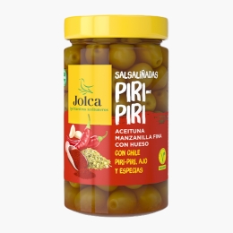 Măsline verzi Manzilla Fina cu sâmburi, cu ardei iute Piri-piri, usturoi și mirodenii 400g