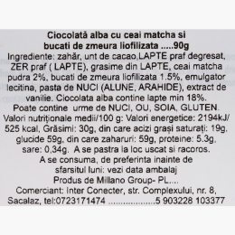 Ciocolată albă cu matcha și bucăți de zmeură liofilizată 90g