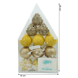 Set 12 ornamente de brad, tip glob, auriu/galben