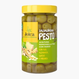 Măsline verzi Manzilla Fina cu sâmburi, cu sos pesto, usturoi, busuioc, brânză și semințe de pin 400g