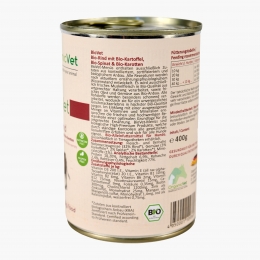 Hrană eco umedă pentru câini, 400g, cu vită, spanac și morcov 