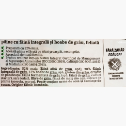 Pâine cu făină integrală și maia, feliată 500g