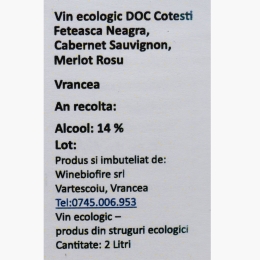 Vin roșu eco Cotești D.O.C., Fetească Neagră, Cabernet Sauvignon și Merlot, 14%, bag-in-box, 2l