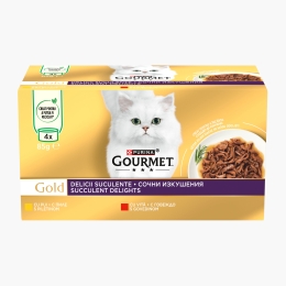 Hrană umedă pentru pisici Gold Delicii Suculente, 4x85g, mix de arome (pui și vită)