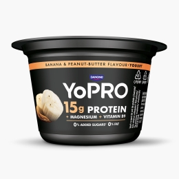 Produs lactat fermentat cu banane și gust de cremă de arahide, cu îndulcitori, bogat în proteine, 0.1% grăsime, 160g