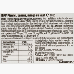 Piure ECO de piersici, banane, mango și iaurt, +1 an, 100g