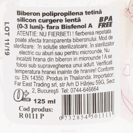 Biberon decorat roz, 0-3 luni, 125ml 
