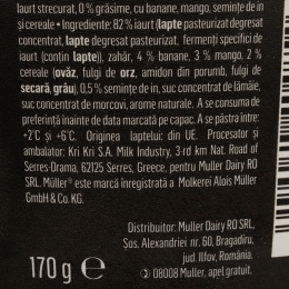 Iaurt proteic cu banane, mango și cereale, 0% grăsime, 170g