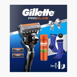 Set cadou ProGlide (aparat de ras + mâner FlexBall și trimmer de precizie + 2 rezerve +  gel de ras Fusion + șosete)