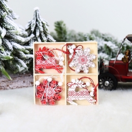 Set decorațiuni de Crăciun din lemn, model reni și fulgi de nea, 12 buc