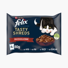 Pachet mix hrană umedă pentru pisici, cu mini fileuri în sos Tasty Shreds Farm Selection (vită, pui, rață, curcan) 80g