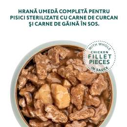 Hrană umedă completă pentru pisici sterilizate, curcan și pui în sos, 85g
