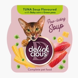 Hrană umedă complementară pentru pisici, supă de ton cu mini porumb și mazăre, 80g