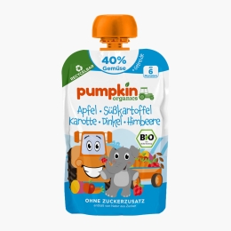 Piure ecologic de măr, cartof dulce, morcov, spelta și zmeură, 6+ luni, 100g