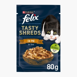 Hrană umedă pentru pisici, cu mini fileuri de pui în sos Tasty Shreds 80g