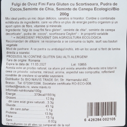 Fulgi de ovăz fini eco, fără gluten, cu scorțișoară, lapte praf de cocos, semințe de chia și semințe de cânepă 200g