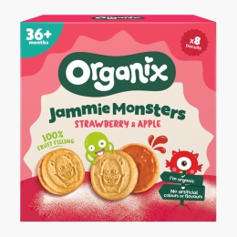 Biscuiți ecologici pentru copii, cu umplutură de căpșuni și mere, 18+ luni, 64g