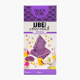 Ciocolată albă cu ube, fulgi de mango, cocos și orez crocant 90g