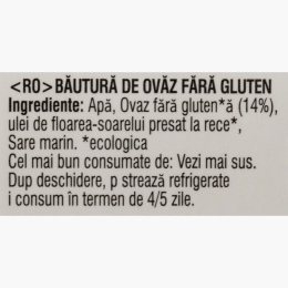 Băutură vegetală eco din ovăz, fără gluten și fără zahăr 1l