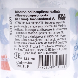 Biberon decorat albastru, 0-3 luni, 125ml 