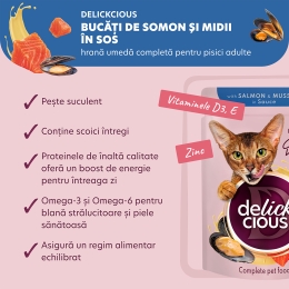 Hrană umedă pentru pisici, cu felii de somon și midii în sos, 85g