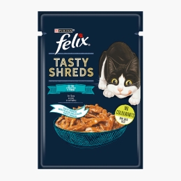 Hrană umedă pentru pisici, cu mini fileuri de ton în sos Tasty Shreds 80g