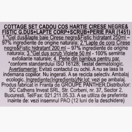 Set cadou cireșe&fistic coș: gel de duș 250ml + lapte de corp 200ml + scrub violete 50ml + perie de păr