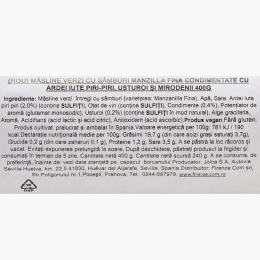 Măsline verzi Manzilla Fina cu sâmburi, cu ardei iute Piri-piri, usturoi și mirodenii 400g