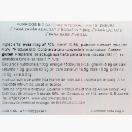 Porridge eco instant din ovăz integral cu mere și zmeură, fără zahăr adăugat, 60g
