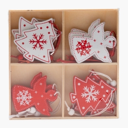 Set decorațiuni de Crăciun din lemn, model brazi și îngerași, 12 buc