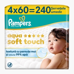 Șervețele umede pentru bebeluși, Aqua Soft Touch, 4 pachete x 60 buc