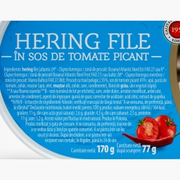 Hering file în sos picant de tomate, 170g