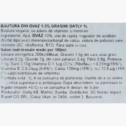 Băutură din ovăz, 1.5% grăsime, 1l