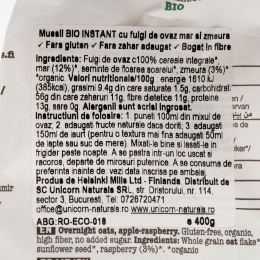Muesli eco instant cu fulgi de ovăz, măr și zmeură 400g