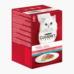 Hrană umedă pentru pisici, 6x50g cu somon, ton, păstrăv în sos 