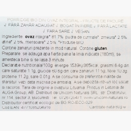 Porridge eco instant din ovăz integral cu fructe de pădure, fără zahăr adăugat, 60g