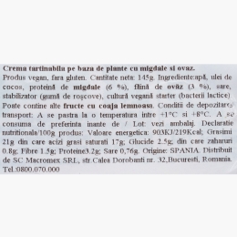Cremă tartinabilă pe bază de plante cu migdale și ovăz 145g