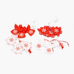 Set decorațiuni de Crăciun din lemn, model brazi și îngerași, 12 buc