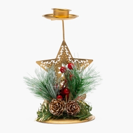 Suport decorativ pentru lumânare de Crăciun, model stea aurie cu crenguțe de brad, 15x8cm