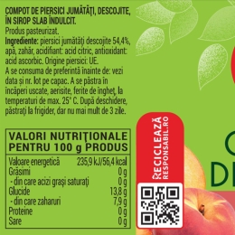 Compot de piersici jumătăți, decojite, în sirop slab îndulcit, 680g