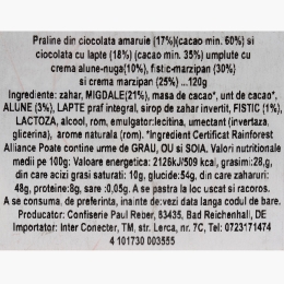 Praline din ciocolată amăruie și ciocolată cu lapte, umplute cu cremă alune-nuga și fistic-marzipan, Mozart Kugeln, 120g