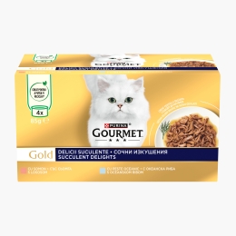Hrană umedă pentru pisici Gold Delicii Suculente, 4x85g, mix de arome (somon și pește oceanic)