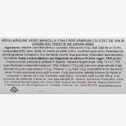Măsline verzi Manzalla Fina fără sâmburi, cu oțet de vin și zahăr din trestie de zahăr 400g