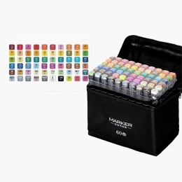 Set 60 markere pe bază de alcool, dublu capăt 1mm și 6mm + geantă depozitare 15cm