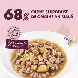 Hrană umedă pentru pisici, cu felii de somon și midii în sos, 85g