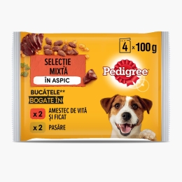 Hrană umedă pentru câini adulți, 4 x 100g, cu vită și pasăre în aspic