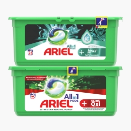 Pachet promo: Detergent de rufe capsule All in One Pods+ Oxi Efect, 25 spălări + Detergent de rufe capsule All in One Pods+ Unstoppables, 25 spălări