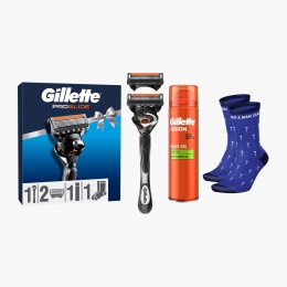 Set cadou ProGlide (aparat de ras + mâner FlexBall și trimmer de precizie + 2 rezerve +  gel de ras Fusion + șosete)