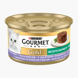 Hrană umedă pentru pisici, 85g, Rețetă rafinată cu miel și fasole verde